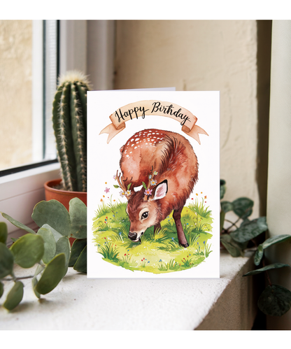 Happy Birthday cute musk deer watercolour