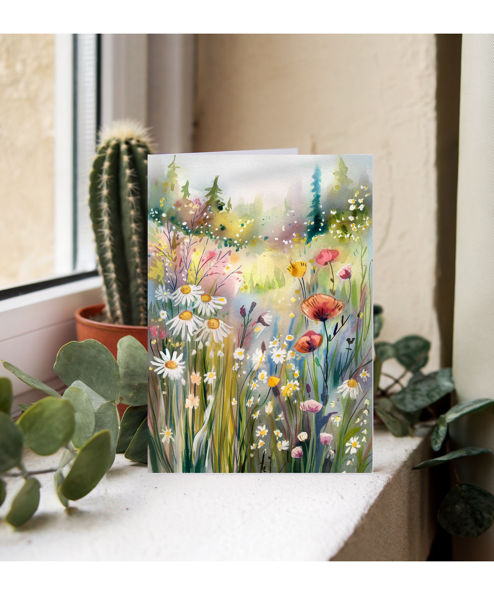 Watercolour meadow filled with wildflowers
