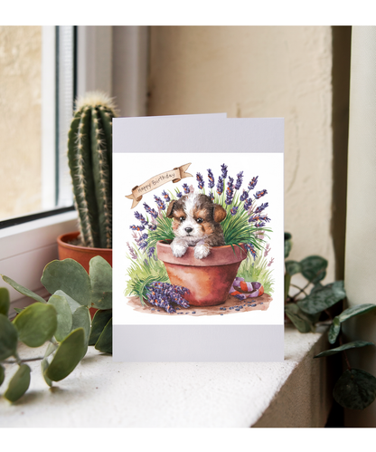 Happy Birthday cute dog plant pot lavender watercolour