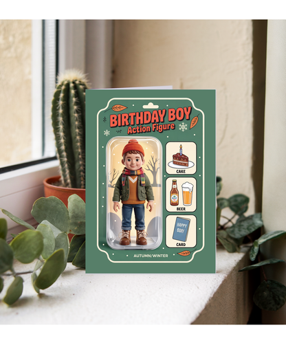Happy Birthday card autumn and winter birthday boy action figure