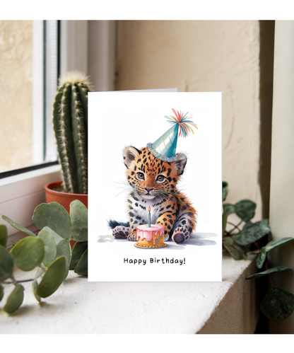 Baby Wild Cat Birthday Card Adorable Animal Watercolour Illustration