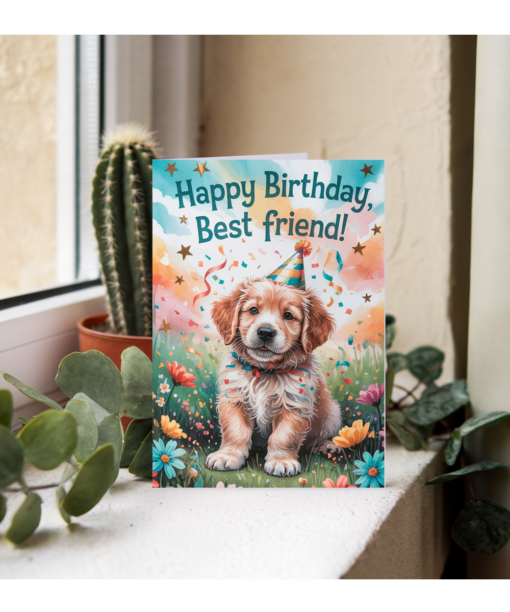 Happy Birthday card Best friend adorable Golden Retriever puppy