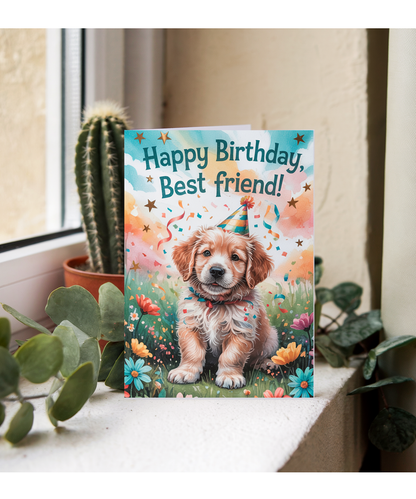 Happy Birthday card Best friend adorable Golden Retriever puppy