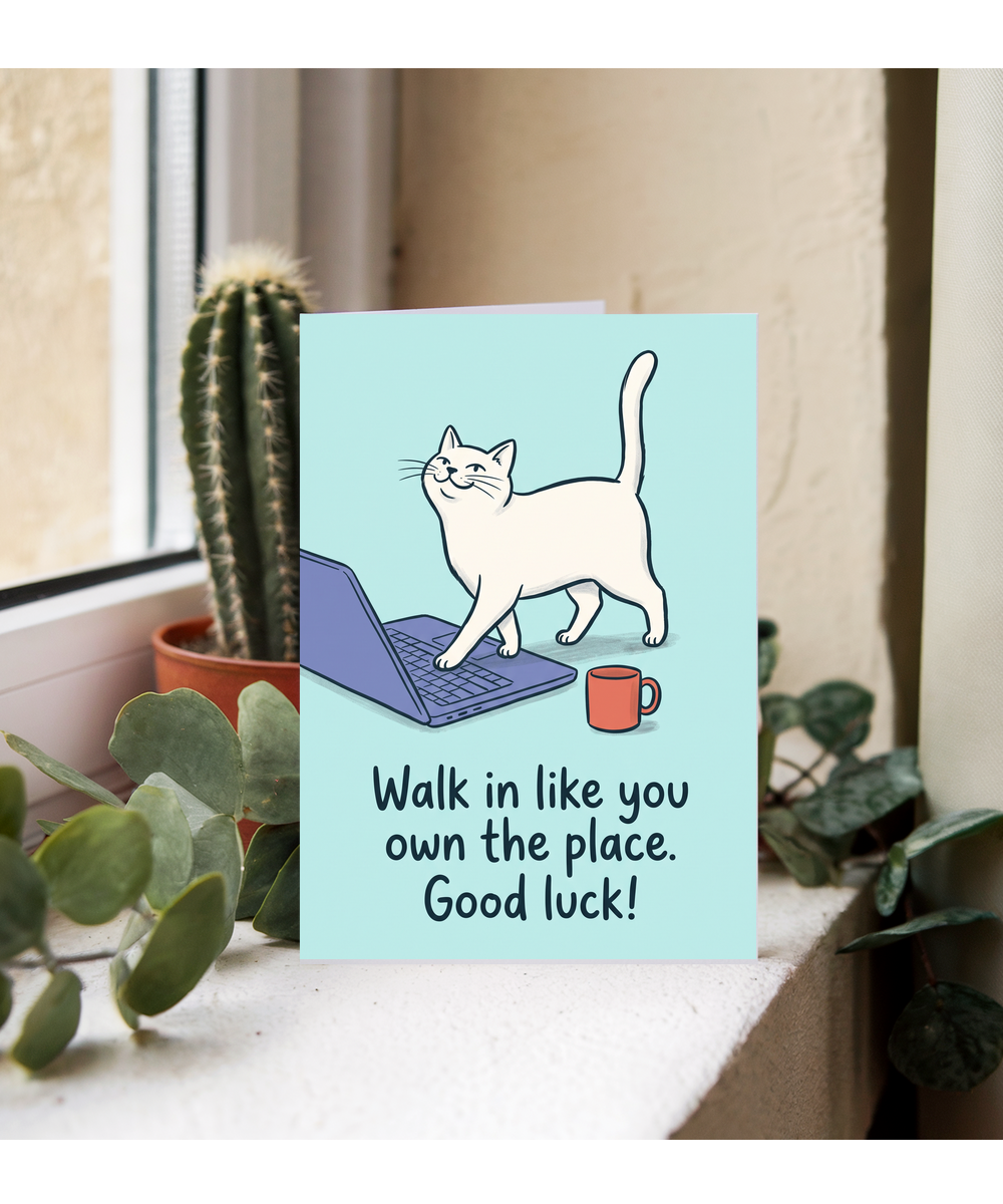 New Job Card for Colleague, Confident Desk Cat