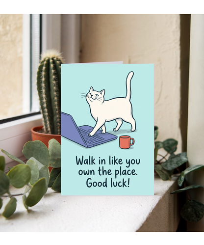 New Job Card for Colleague, Confident Desk Cat
