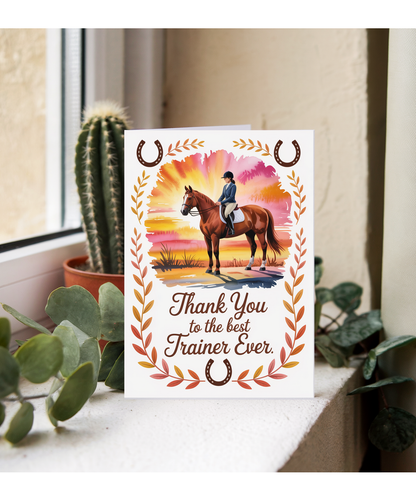 Thank You Card for Riding Instructor with Horse and Sunset