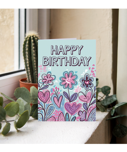 Happy Birthday Card bouquet flowers with hearts