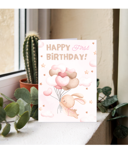 happy first birthday card pink balloons bunny