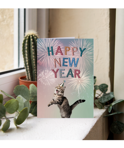 Happy New Year with Cat with Fireworks