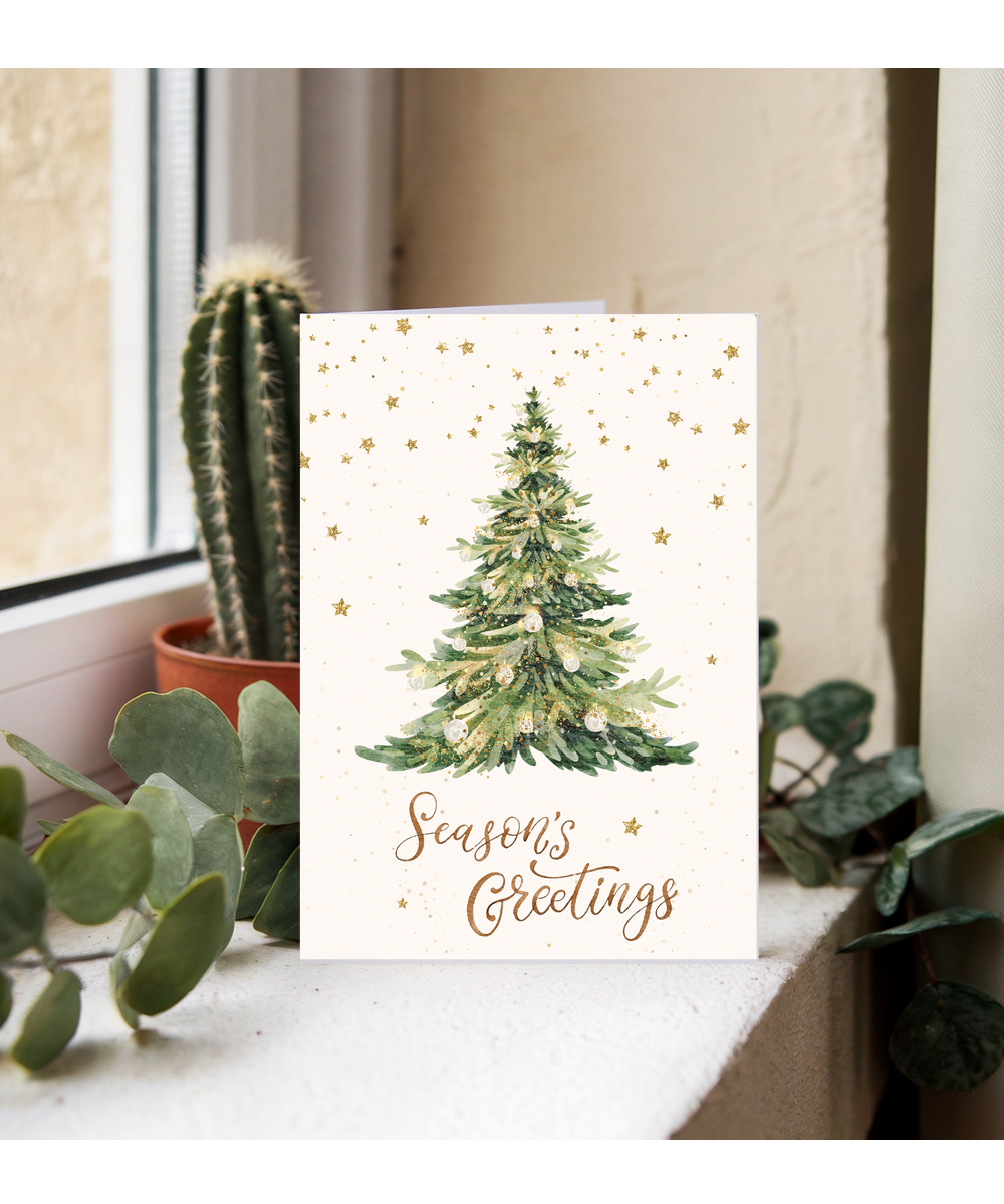 Season's greetings fake glitter effect watercolour Christmas tree