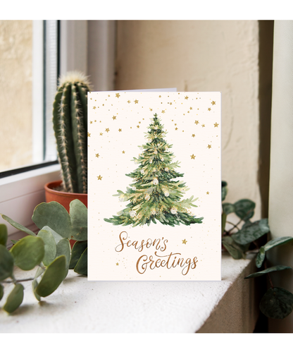 Season's greetings fake glitter effect watercolour Christmas tree