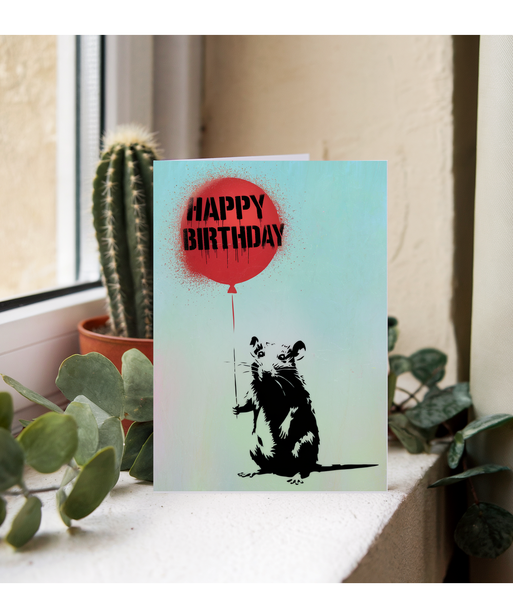 Happy Birthday Card Rat stencil red balloon