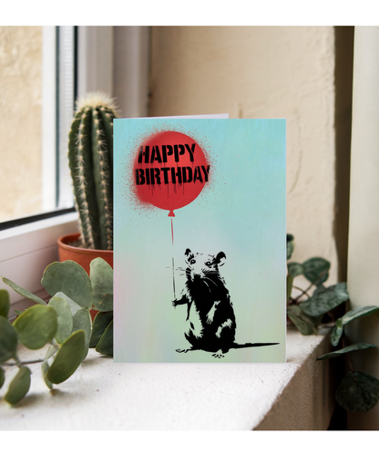 Happy Birthday Card Rat stencil red balloon