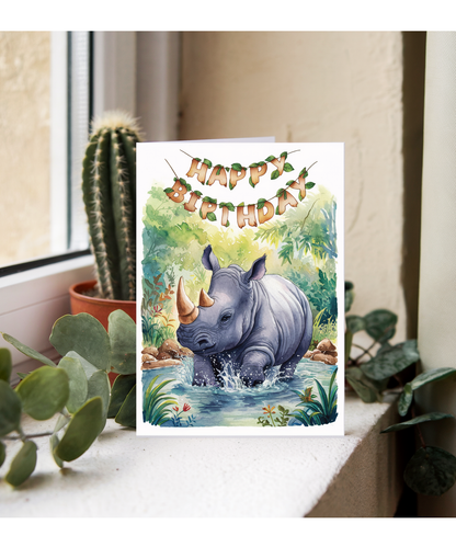 Happy Birthday cute rhinoceros watercolour