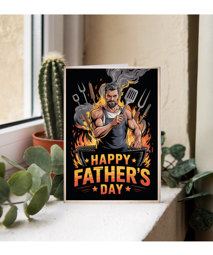 Funny Fathers Day Card Big Muscly Super Chad Dad at the BBQ