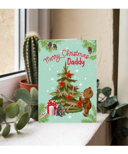 Merry Christmas Card for Daddy from Baby Bear Christmas Tree Decorating