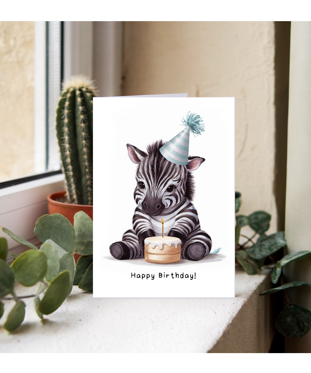Baby Zebra Birthday Card Adorable Animal Watercolour Illustration