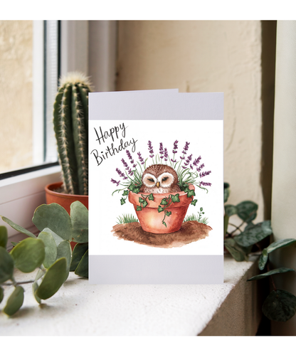 Happy Birthday cute owl plant pot lavender watercolour