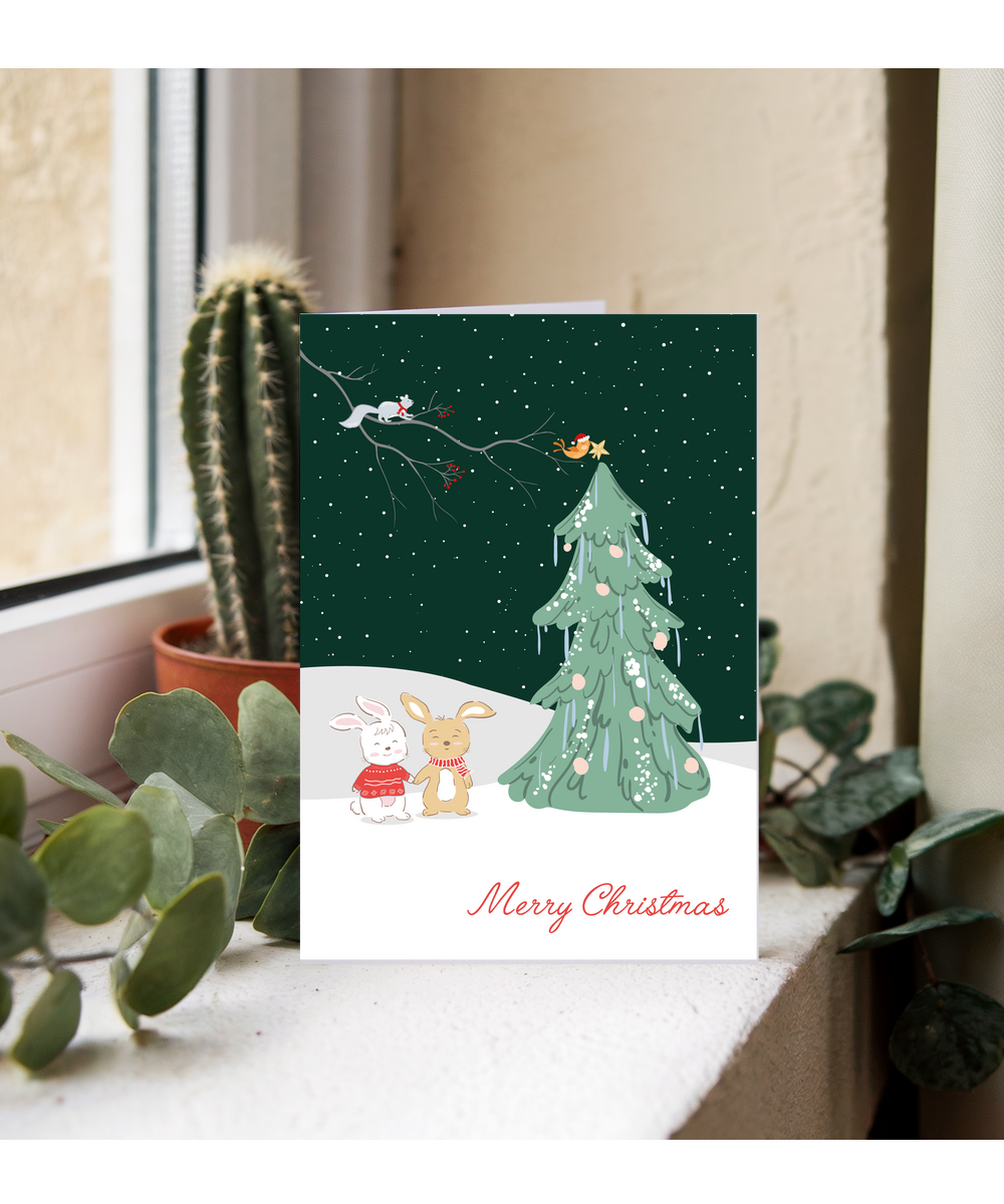 Merry Christmas Card Woodland Animals Decorating Snowy Tree