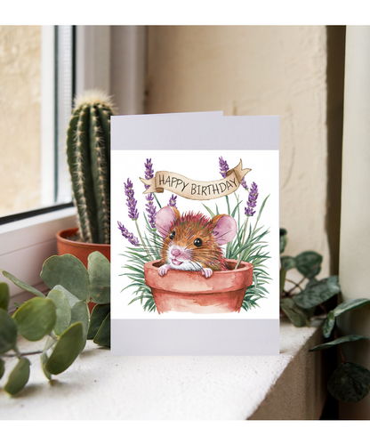 Happy Birthday cute mouse plant pot lavender watercolour