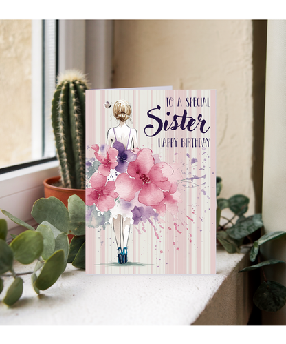 to a special sister happy birthday water coloured flower dress