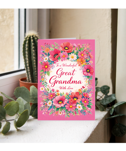 Great Grandma Birthday Card With Love and Bright Floral Wreath