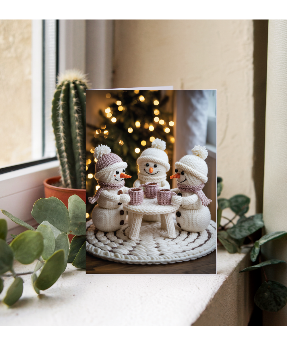 Knitted 3 snowmen drinking hot chocolate