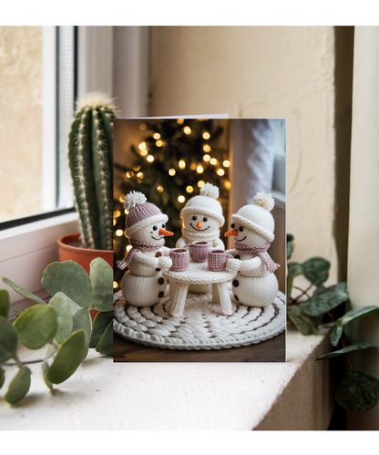 Knitted 3 snowmen drinking hot chocolate