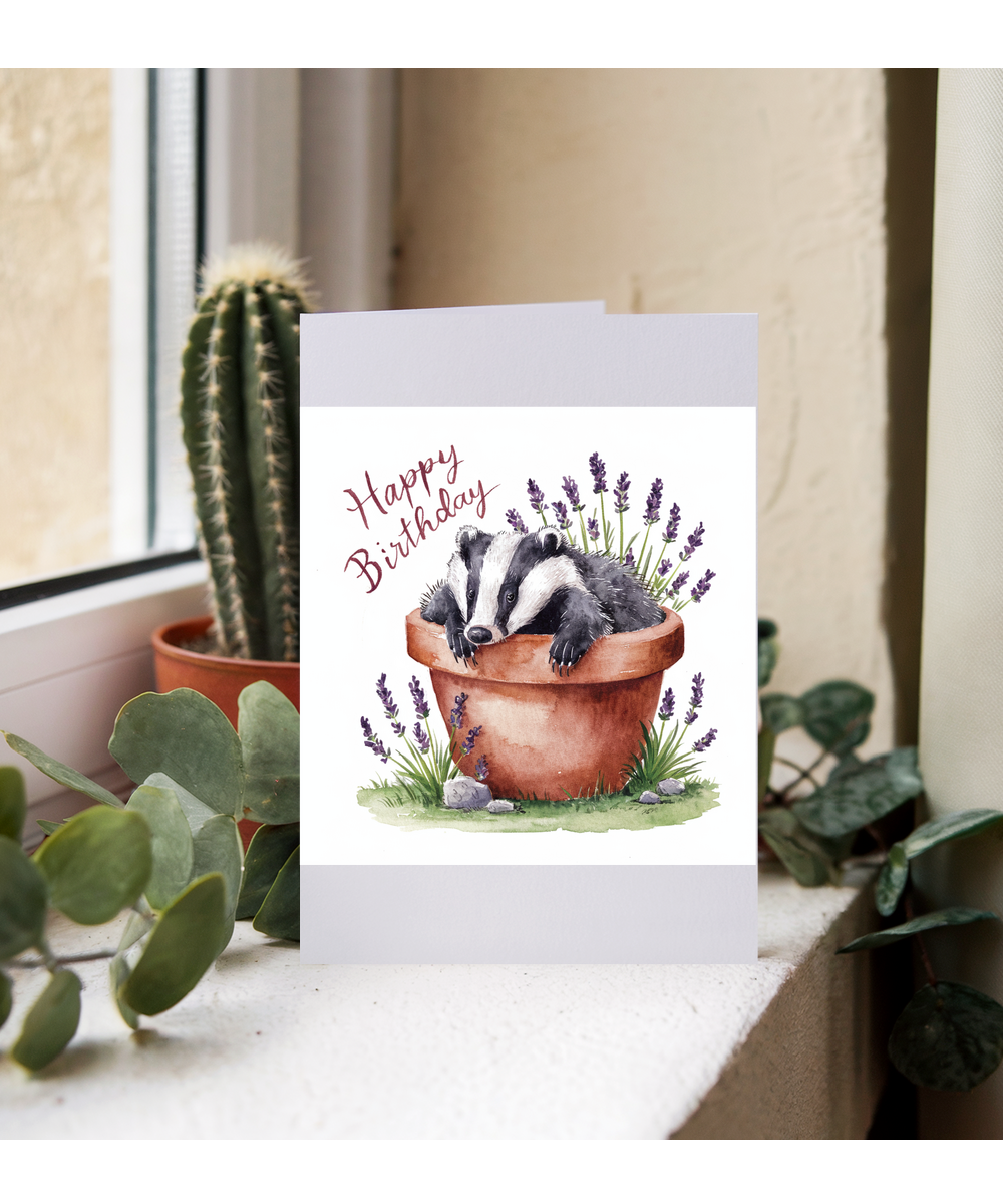 Happy Birthday cute badger plant pot lavender watercolour