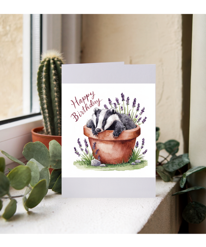 Happy Birthday cute badger plant pot lavender watercolour