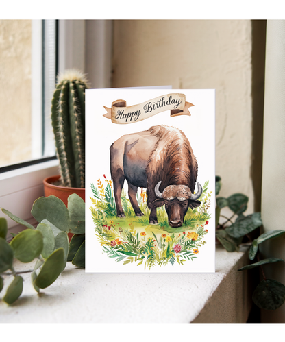 Happy Birthday cute buffalo watercolour