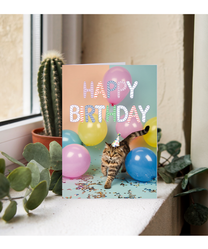 Happy Birthday with Cat with Balloons