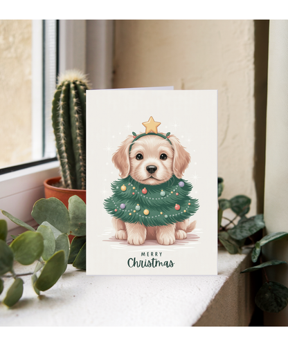 Golden retriever in christmas tree costume