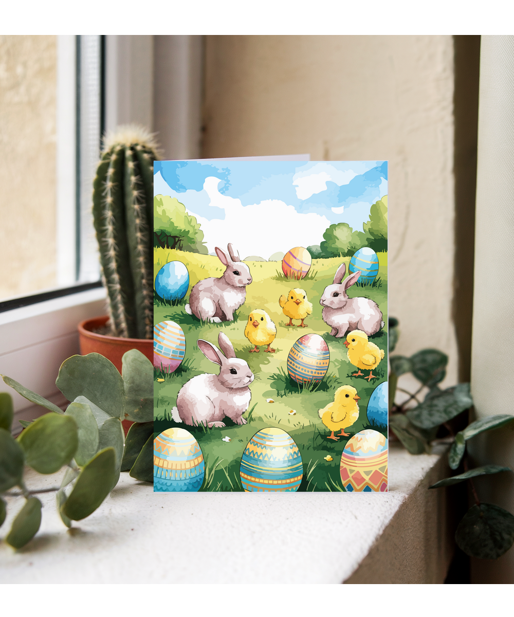 Easter field eggs chicks and bunnies