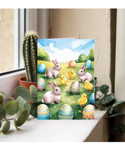 Easter field eggs chicks and bunnies