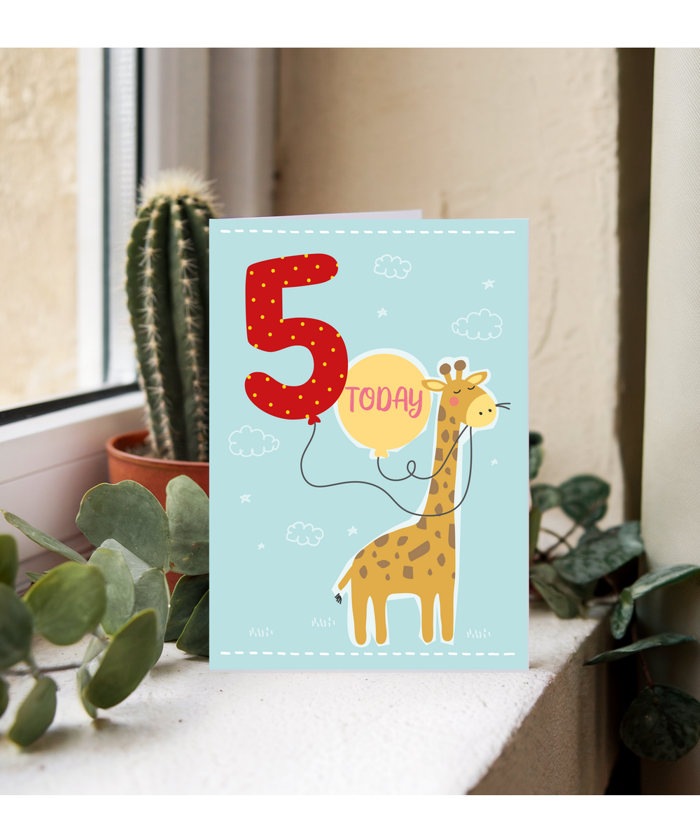 Childrens Birthday Card Five Today Balloon with Cute Giraffe