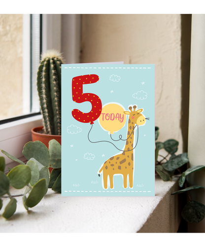 Childrens Birthday Card Five Today Balloon with Cute Giraffe