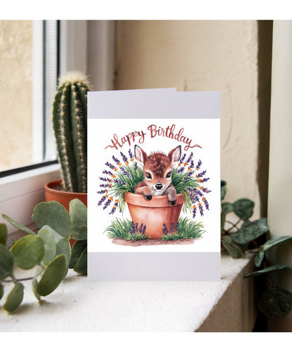 Happy Birthday cute baby deer, calf, fawn plant pot lavender watercolour