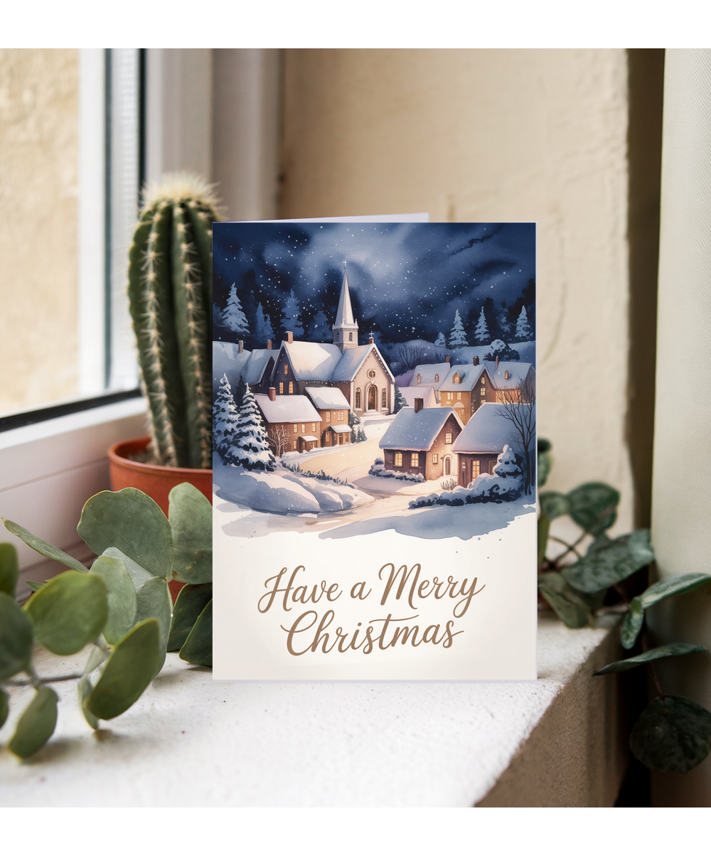 Have a merry Christmas snow village church watercolour