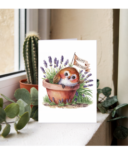 Happy Birthday cute robin plant pot lavender watercolour