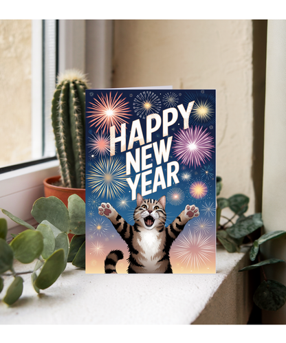Happy New Year - Cat with Fireworks