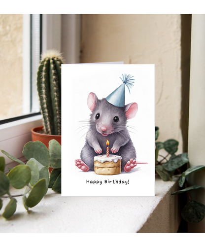 Baby Mouse Birthday Card Adorable Animal Watercolour Illustration
