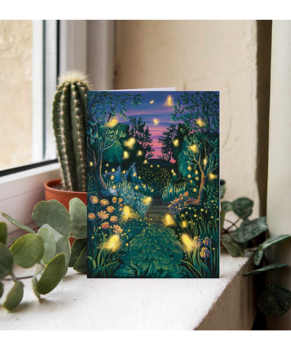 fireflies glowing in a twilight garden