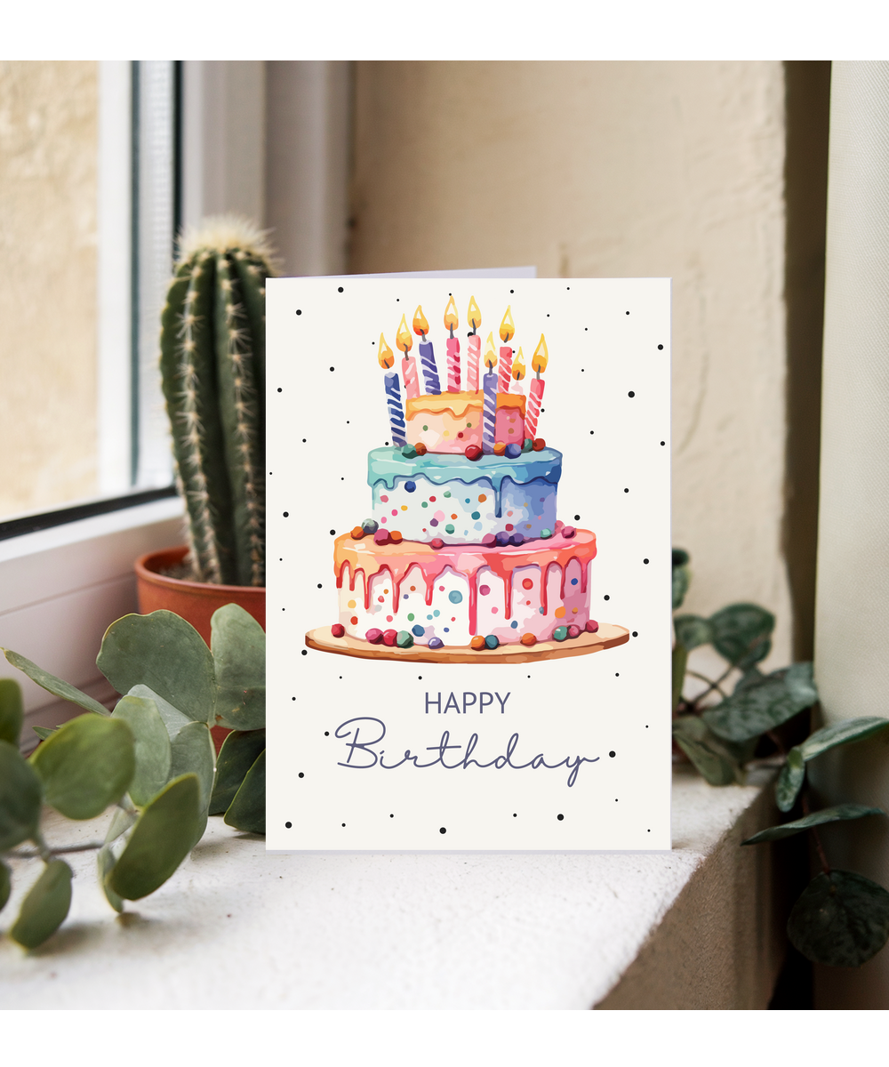 Happy Birthday card Water coloured polka dot cake