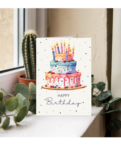 Happy Birthday card Water coloured polka dot cake