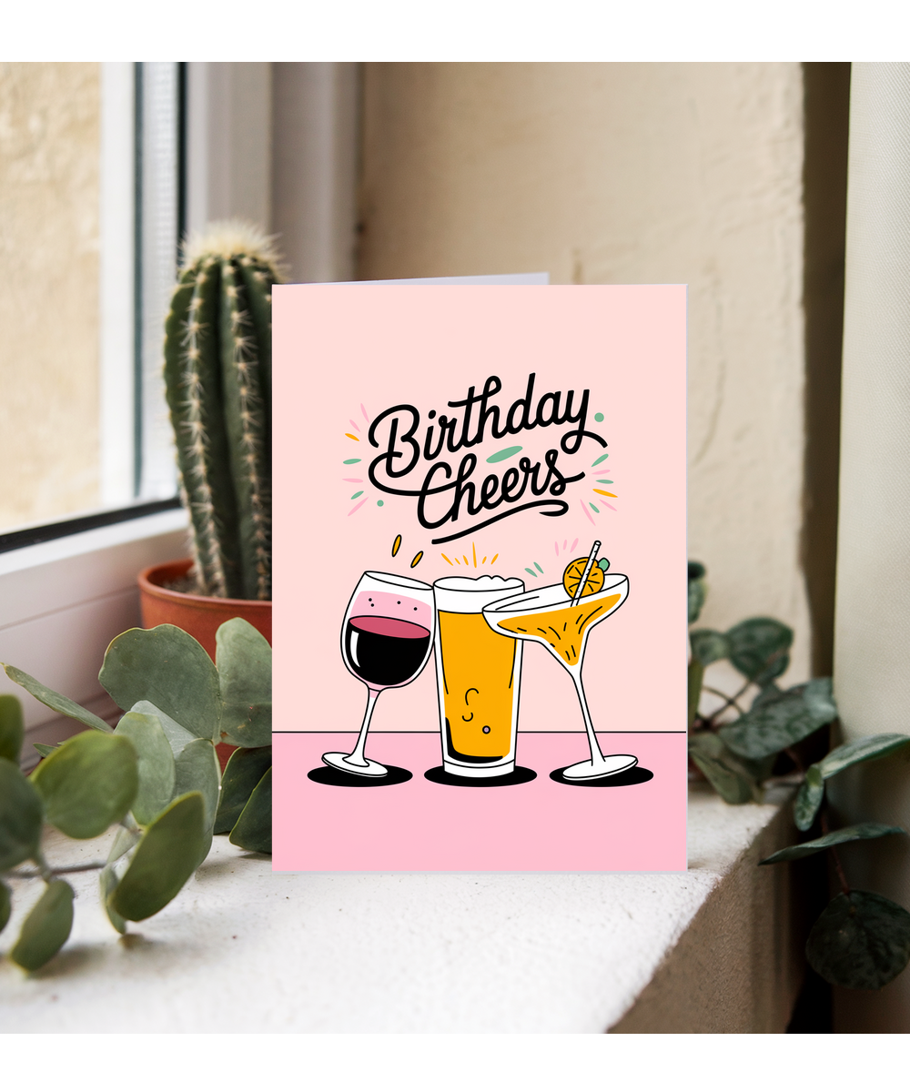 Birthday Cheers Card for her wine, beer, and cocktail pink