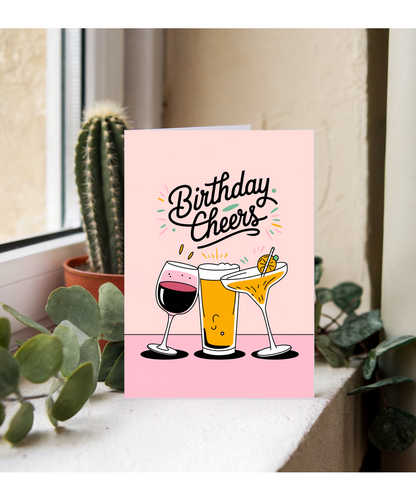 Birthday Cheers Card for her wine, beer, and cocktail pink