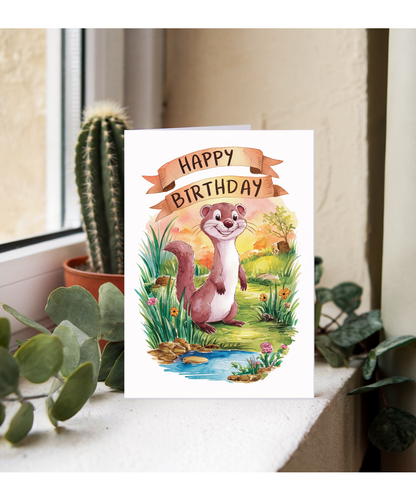 Happy Birthday cute weasel watercolour