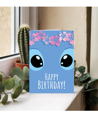 Happy Birthday Card with Big Blue Koala Eyes Ohana Tropical Trouble