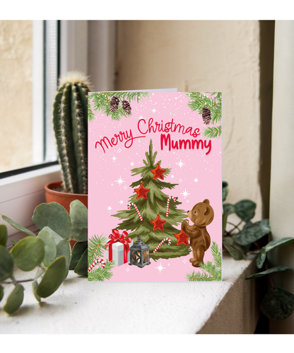 Merry Christmas Card for Mummy from Baby Bear Christmas Tree Decorating
